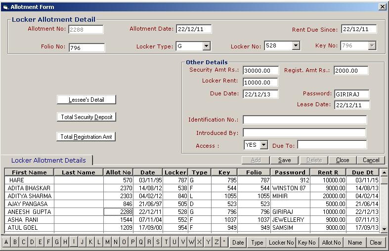 Locker allotment screen in safe deposit vault management software