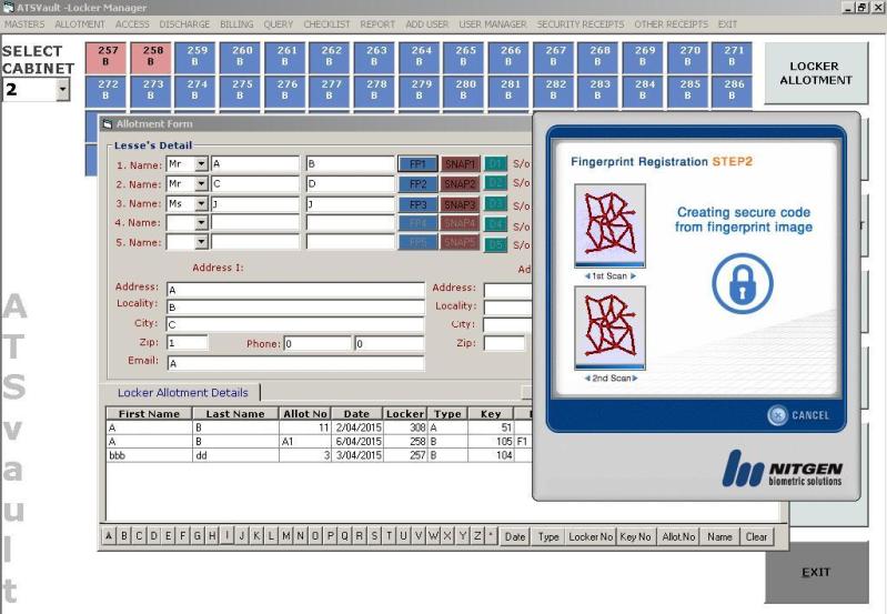 Fingerprint registration screen in ATSVAULT software